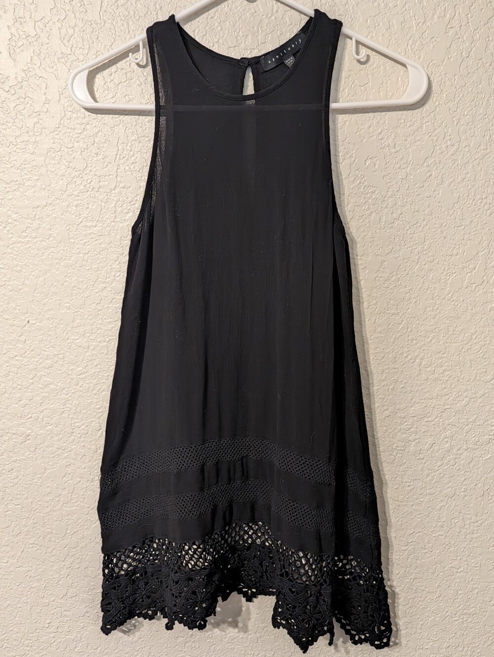 Anthropologie Black Crochet Lace Sleeveless Tunic Top Long Tank, Size S